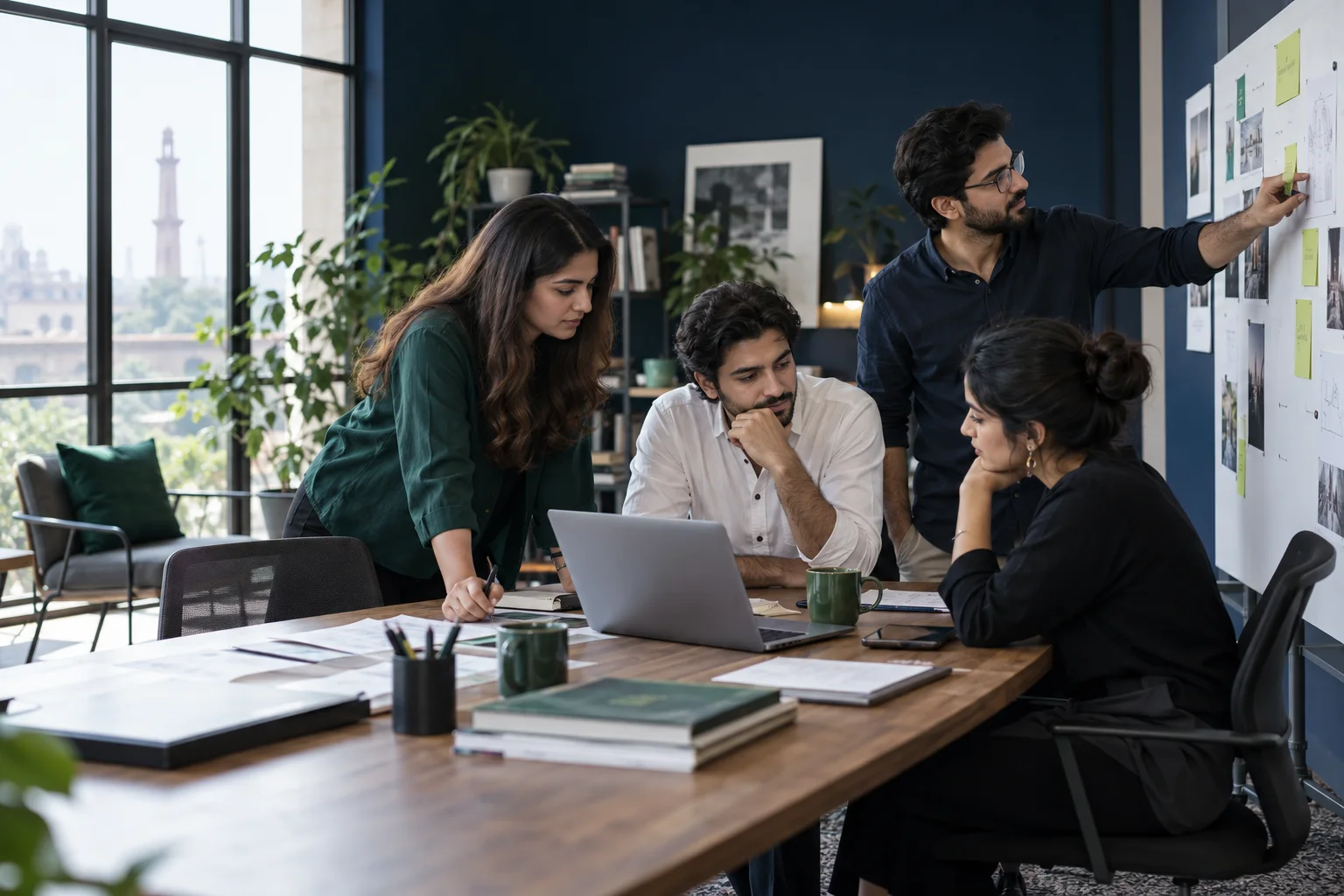 A South Asian agency team planning work together in a studio